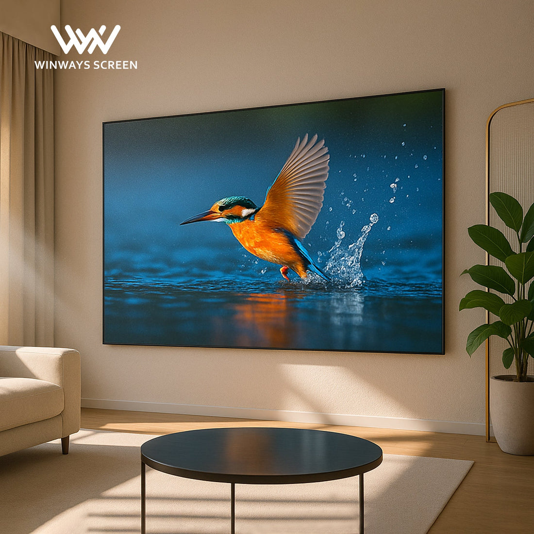 Winways ALR Fresnel screen in a bright living room showcasing vivid projection quality.