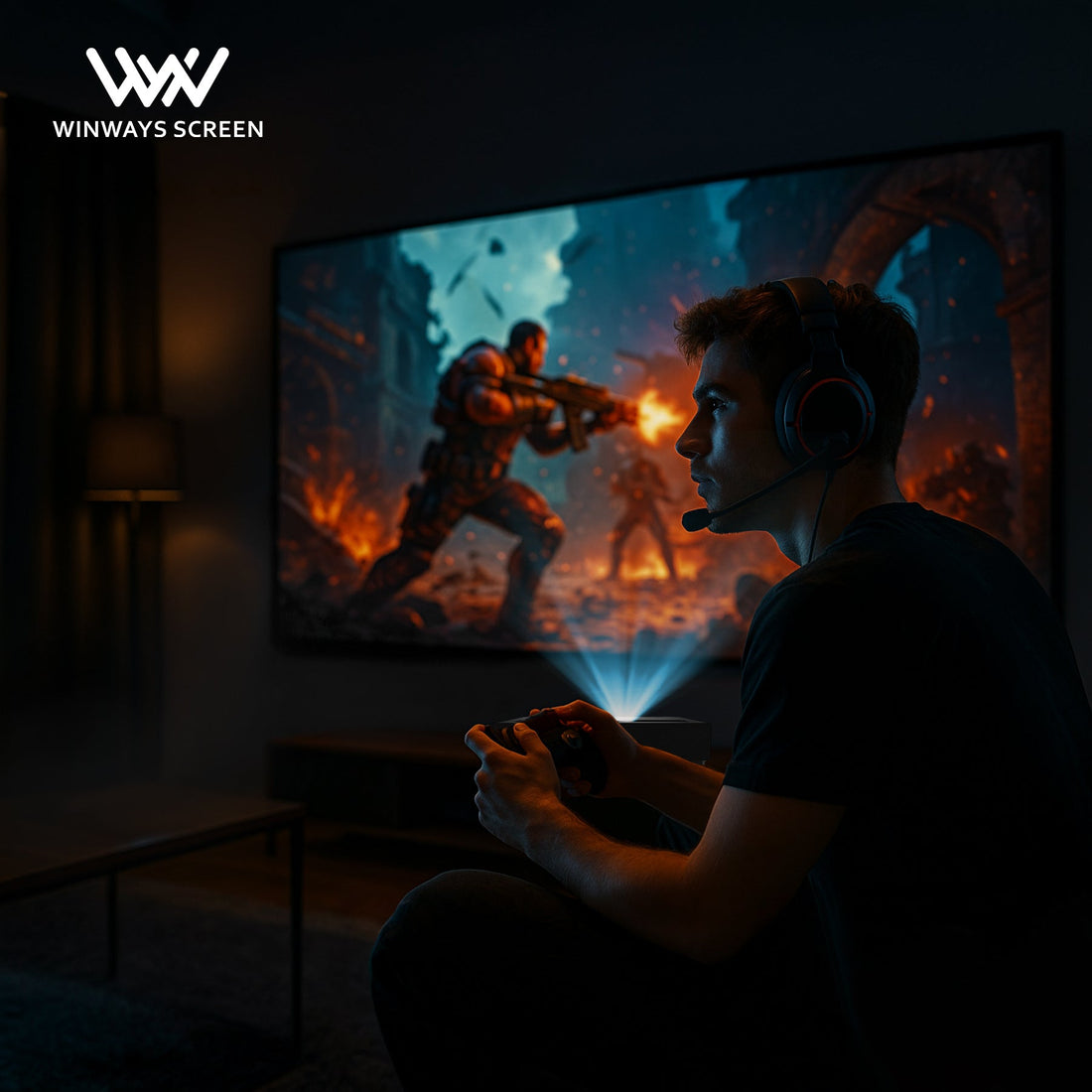 Gamer using Winways ALR Fresnel screen with vivid 4K graphics in a bright room setting.