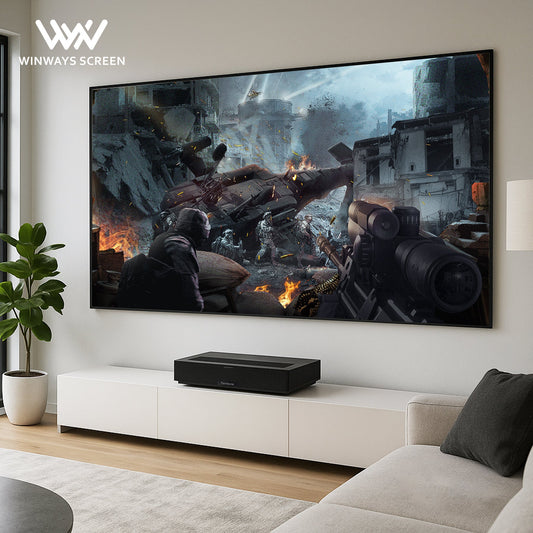 Modern living room with Winways ALR Fresnel Screen showing a movie scene
