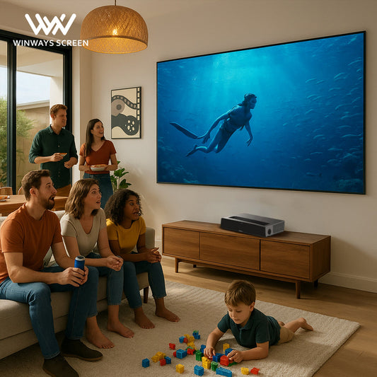 Winways Screen in bright Aussie living room – ALR screen for daylight projection