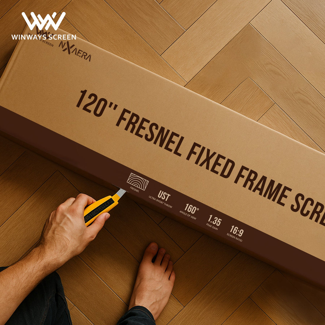User setting up a 120-inch Winways ALR Fresnel Screen in a bright living room